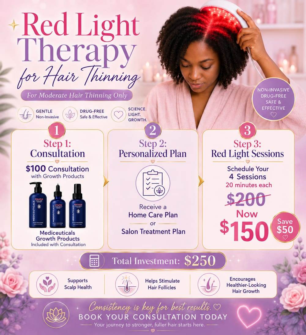 Red Light Therapy for Hair Thinning flyer showing the three steps, a $100 consultation with Mediceuticals growth products, and four 20 minute sessions for $150
