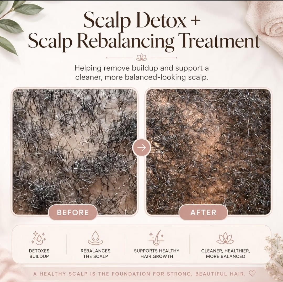 Before and after a scalp detox and rebalancing treatment at Natural Touch Hair Studio, showing visible buildup on the scalp before and a cleaner, clearer scalp after